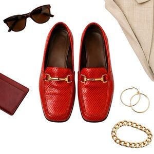 Stuart Weitzman Red Snake Print Bit Loafers Size 7M Square Toe Made in Spain GUC